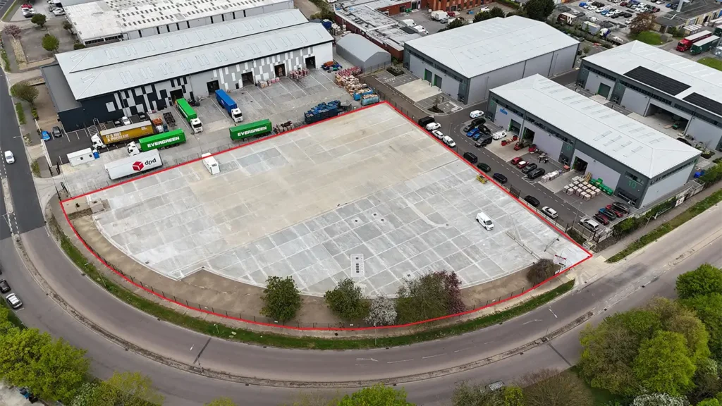 1.67-acre concreted industrial open storage yard at Freebournes Industrial Estate, Witham, Essex.