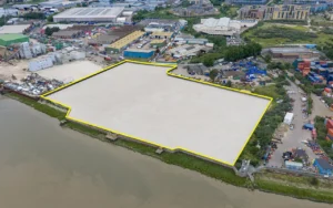 Aerial view of De Pass Wharf 6.6-acre industrial open storage site on River Road, Barking.